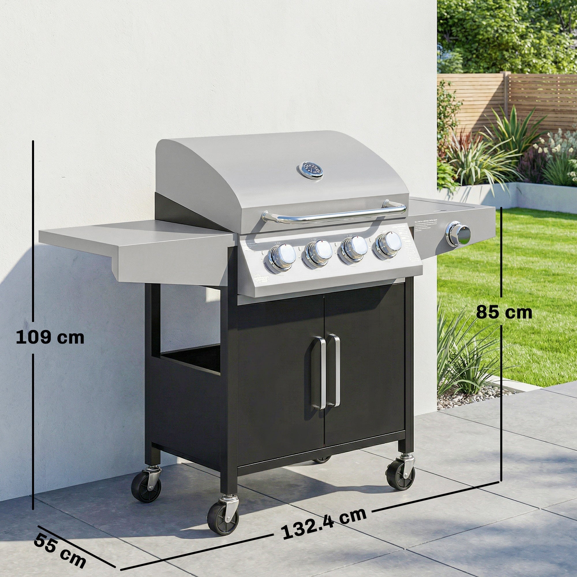 Outsunny silver stainless steel 4 burner gas grill with black cabinet wheels warming rack slow cooking side burner