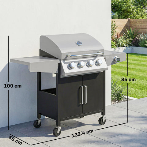 Outsunny silver stainless steel 4 burner gas grill with black cabinet wheels warming rack slow cooking side burner