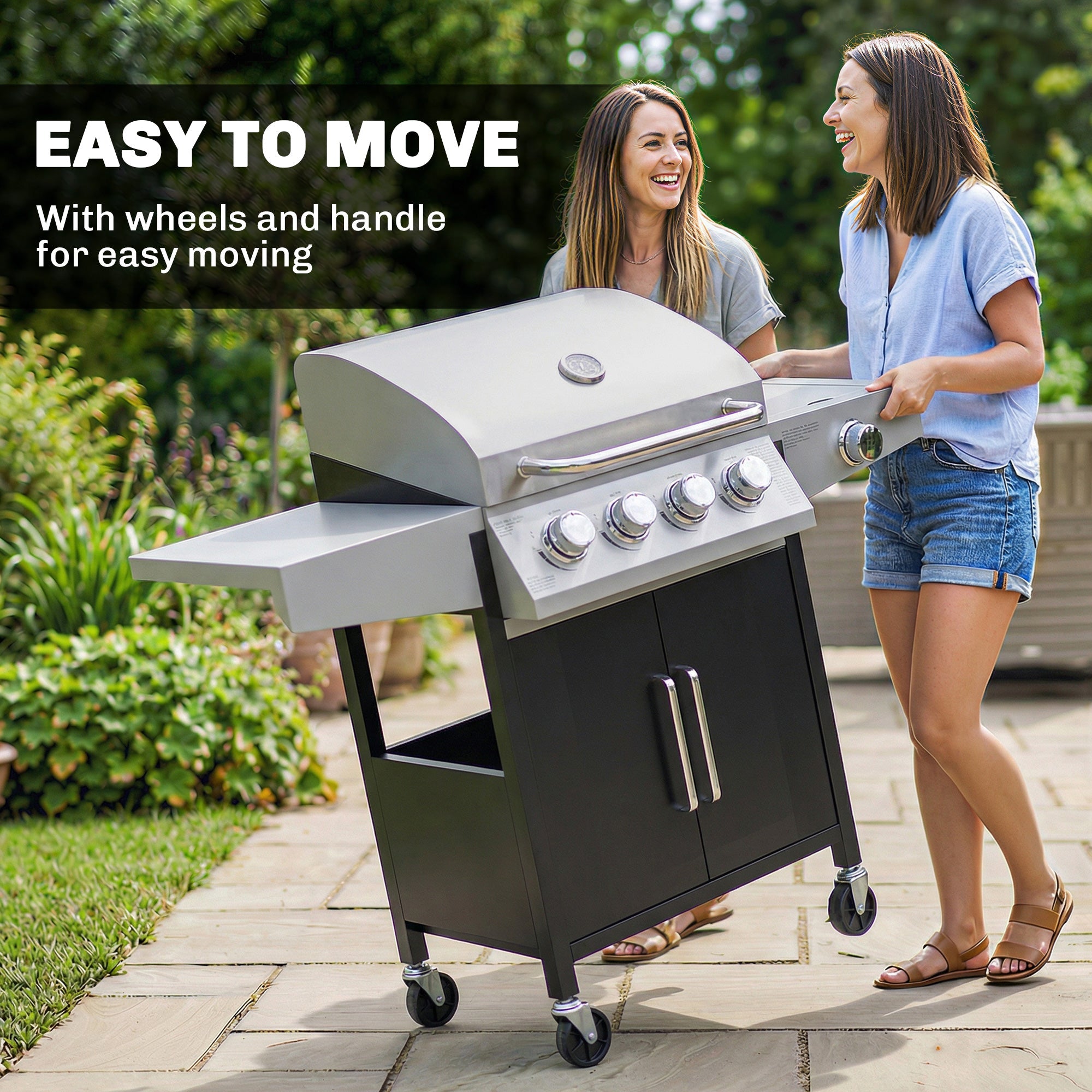 Silver and black Outsunny gas grill with 4 plus 1 burners, warming rack, and side burner for slow cooking on wheels