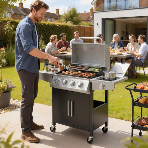 Outsunny 4+1 burner stainless steel and black cast iron gas grill with side burner warming rack and slow cooking options