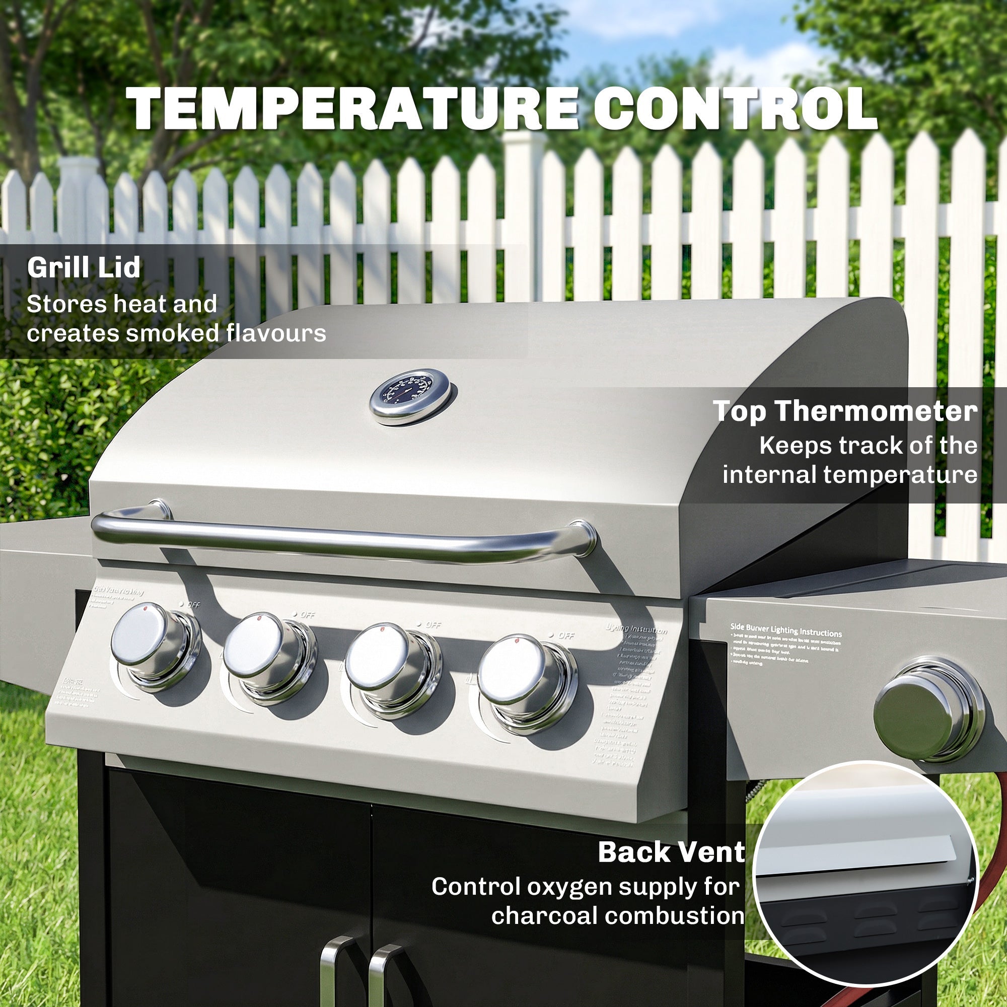 Silver stainless steel gas grill with black base four knobs and warming rack ideal for slow cooking and outdoor BBQ