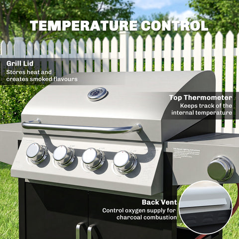 Silver stainless steel gas grill with black base four knobs and warming rack ideal for slow cooking and outdoor BBQ