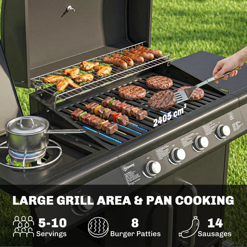 Black outsunny 4+1 burner gas bbq grill with stainless steel cooking grates warming rack and side burner gas trolley