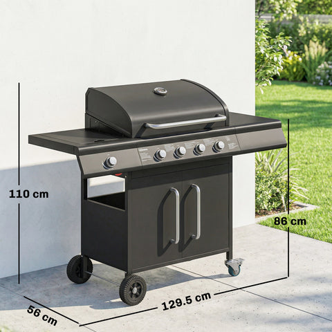 Black Outsunny 4+1 burner gas bbq grill with warming rack, stainless steel knobs, cabinet, and 15.2 kW burner gas power
