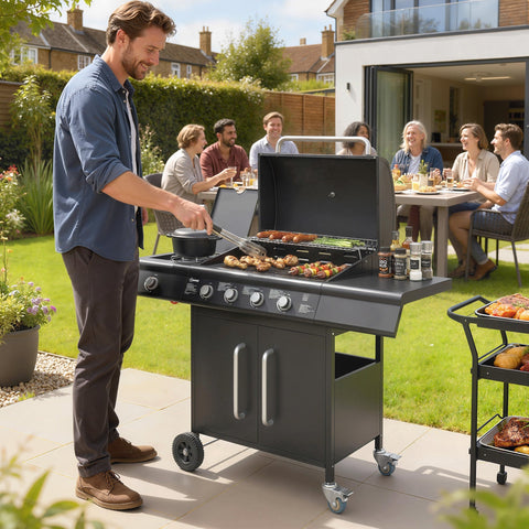 Black outsunny 4 1 burner gas bbq grill with silver handles wheels warming rack and cm² grilling area for outdoor use