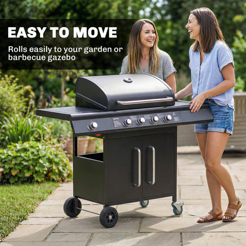Black outsunny 4 plus 1 burner gas bbq grill with silver handles warming rack and 15.2 kW burner gas on wheeled cart