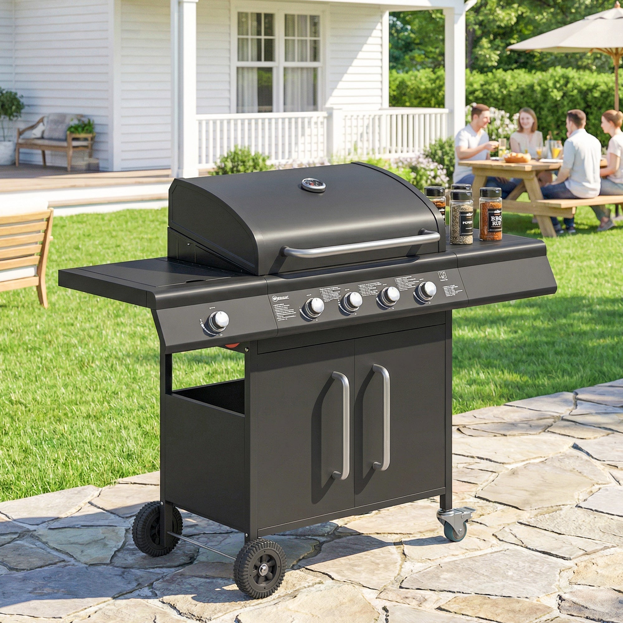 Black outsunny 4+1 burner gas bbq grill with warming rack, 15.2 kw burner gas and cm² grilling area with storage cabinet