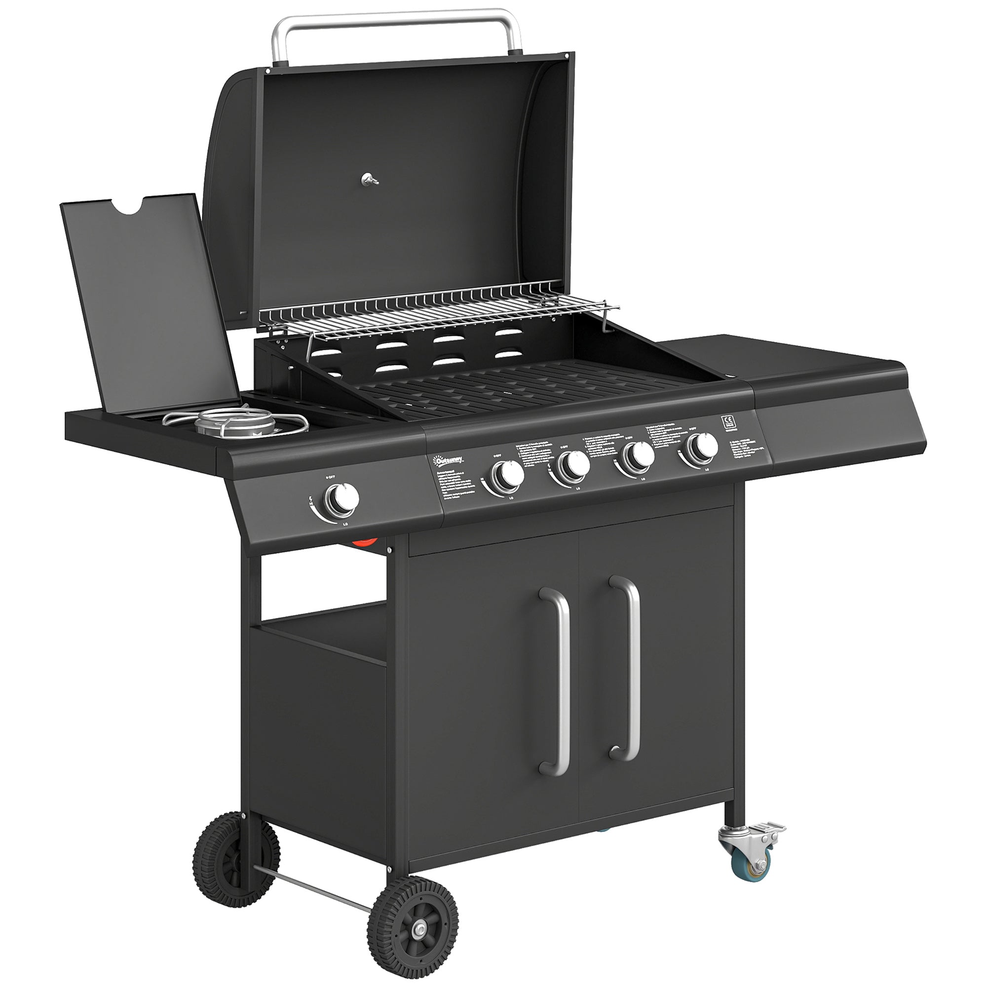 Black outsunny 4 burner gas bbq grill with stainless steel grates, warming rack, side table, and 15.2 kW burner gas power