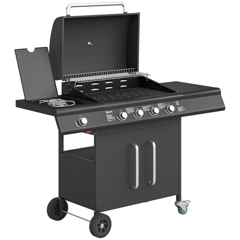 Black outsunny 4 burner gas bbq grill with stainless steel grates, warming rack, side table, and 15.2 kW burner gas power