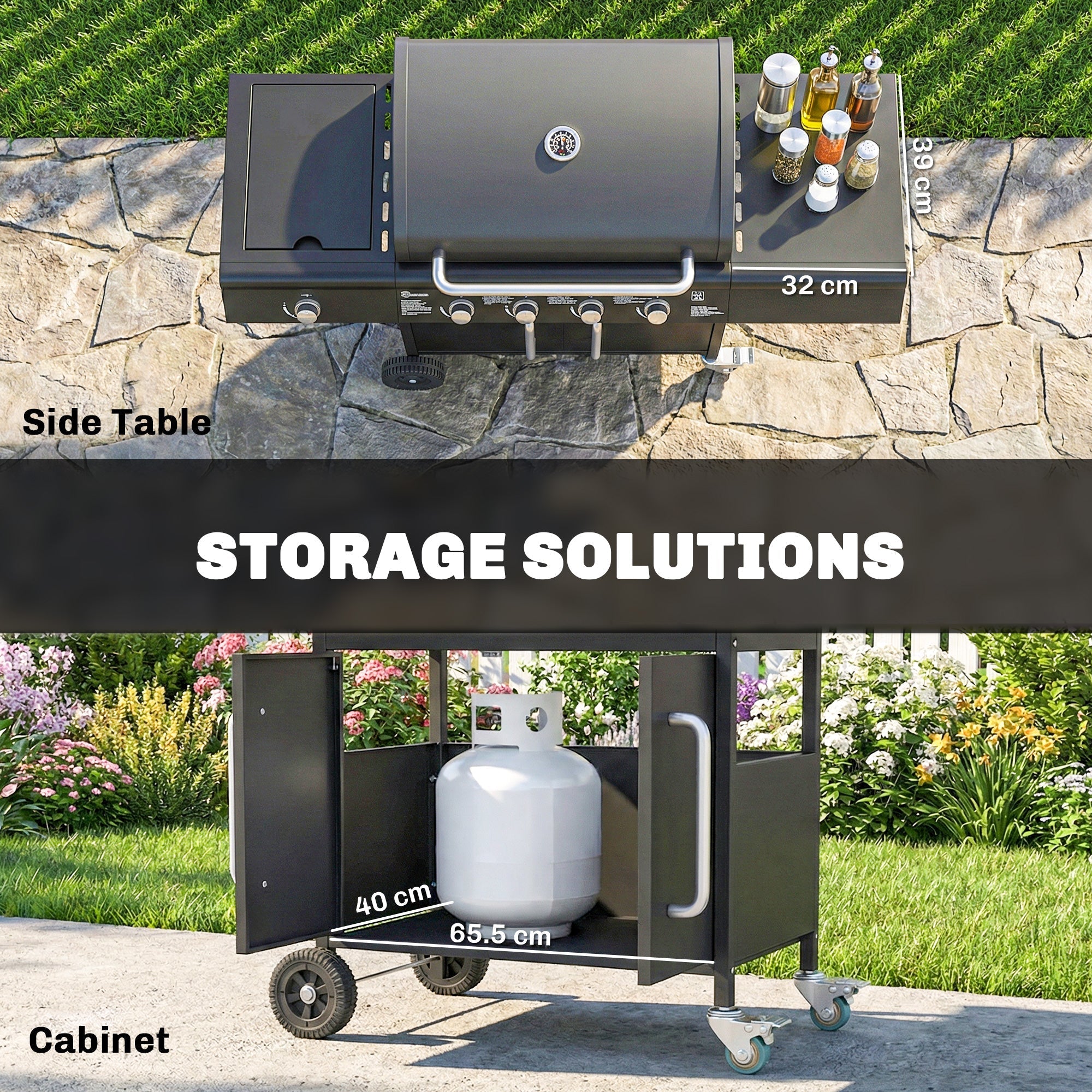 Outsunny black metal 4 burner gas bbq grill trolley with warming rack storage cabinet and side table wheels with measurements