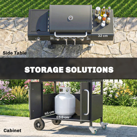 Outsunny black metal 4 burner gas bbq grill trolley with warming rack storage cabinet and side table wheels with measurements