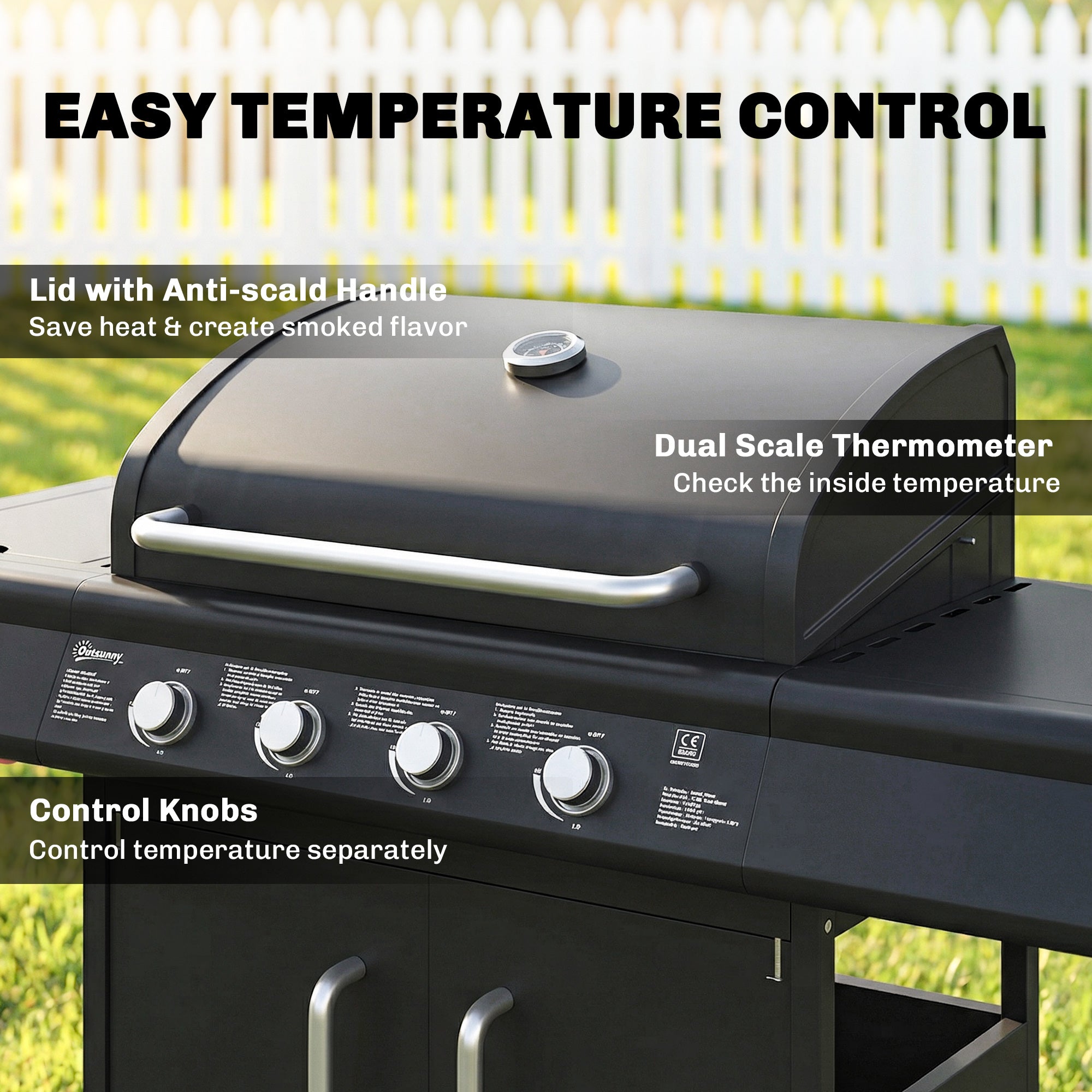 Outsunny black 4 plus 1 burner gas bbq grill with silver knobs, dual scale thermometer, warming rack, and side table