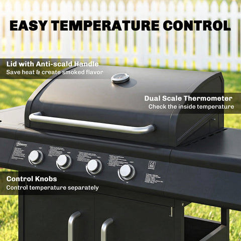 Outsunny black 4 plus 1 burner gas bbq grill with silver knobs, dual scale thermometer, warming rack, and side table