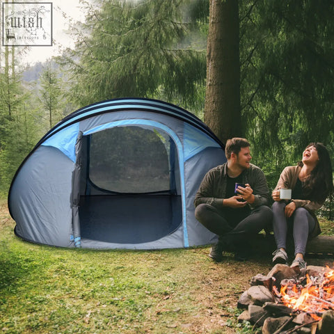 Sky blue outsunny camping tent with gray accents and mesh windows ideal for family outdoor trips
