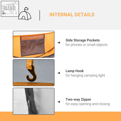 Orange and brown side storage pocket with mesh front panel for easy access in outsunny pop-up camping tent with mesh windows