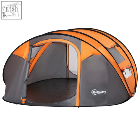Orange and gray outsunny 4-5 person pop-up camping tent with mesh windows and easy access for outdoor trips