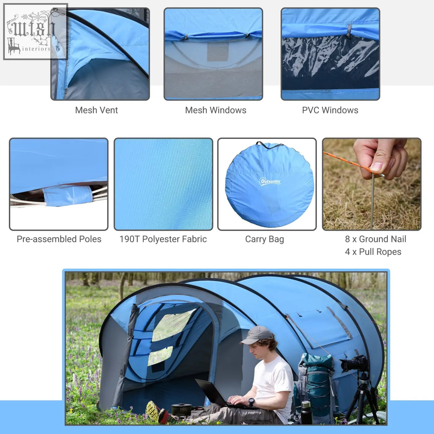 Sky blue outsunny camping tent with mesh windows made of 190t polyester fabric for 4-5 people outdoor use
