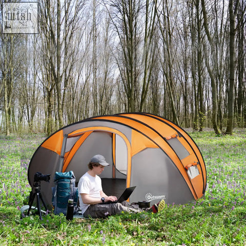 Orange and gray outsunny 4-5 person pop-up camping tent with mesh windows and easy access for outdoor trips