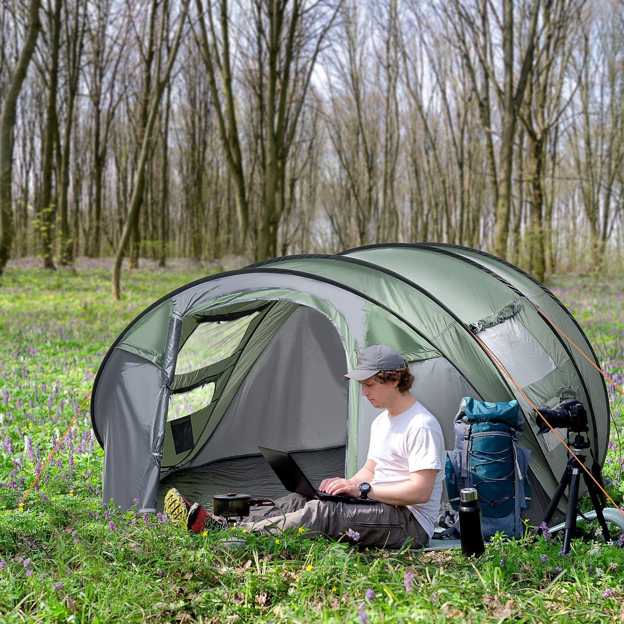 Outsunny olive green and gray pop-up camping tent with mesh windows and easy access for 4-5 people in dark green