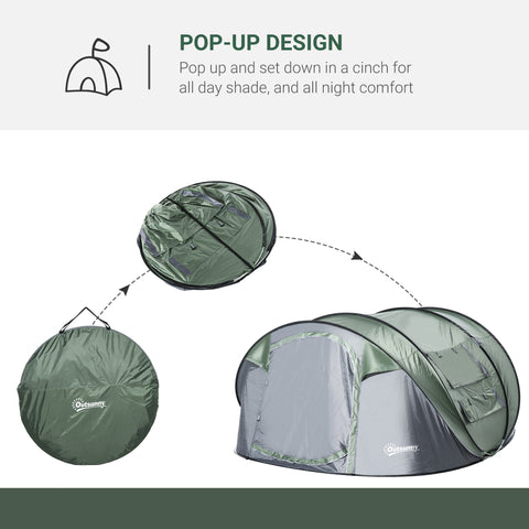 Outsunny 4-5 person olive green and gray pop-up tent with mesh windows and easy access for family camping trips