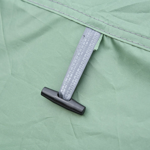 A black plastic toggle on a gray strap secures the dark green outsunny pop-up camping tent with mesh windows for easy access