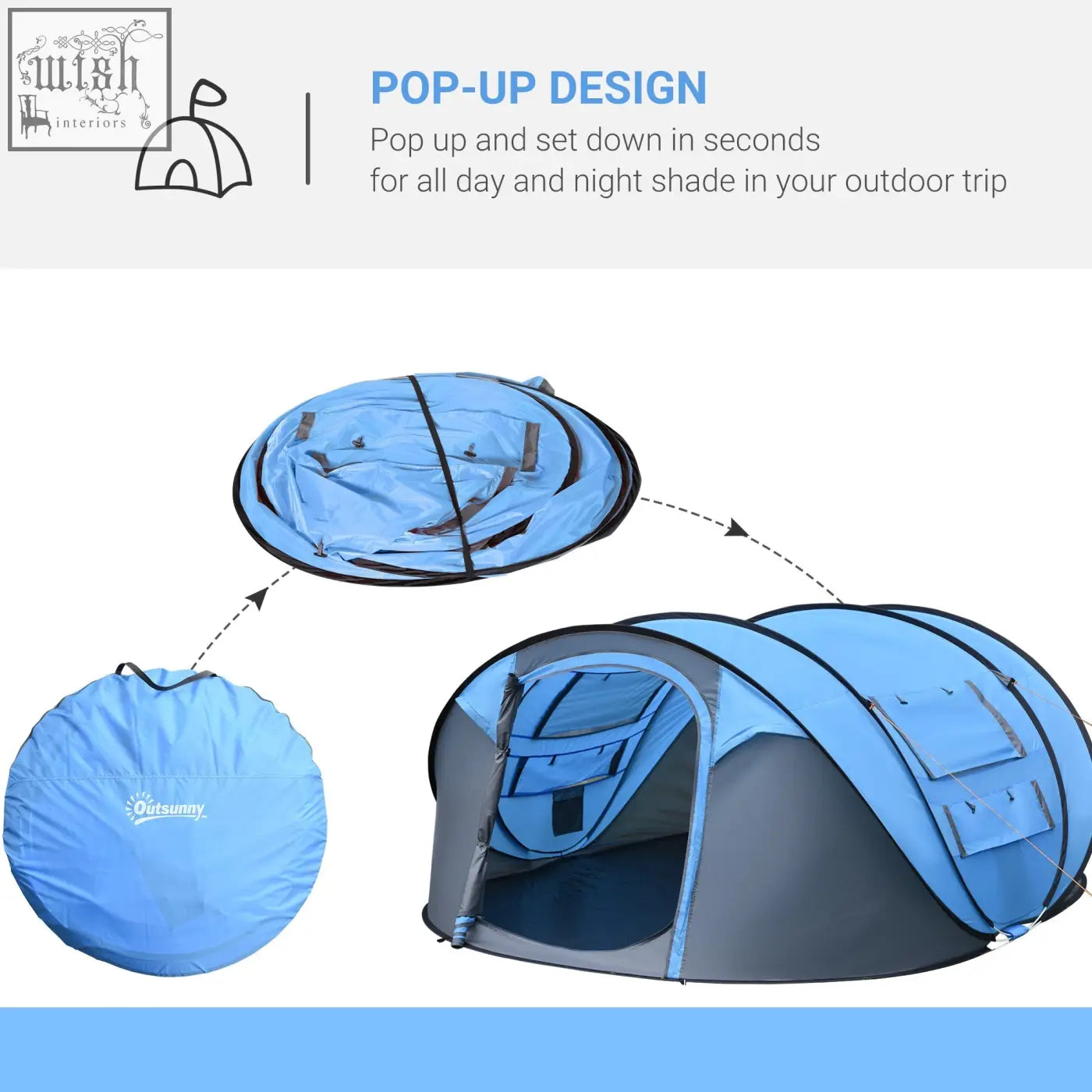 Sky blue outsunny camping tent with mesh windows and foldable pop-up design for easy outdoor setup and portability
