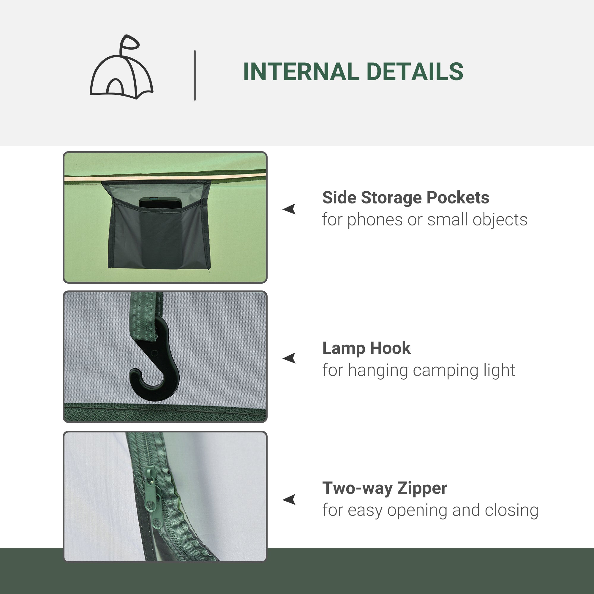 Green outsunny pop-up camping tent with mesh windows, side storage pockets, lamp hook, and easy access two-way zipper