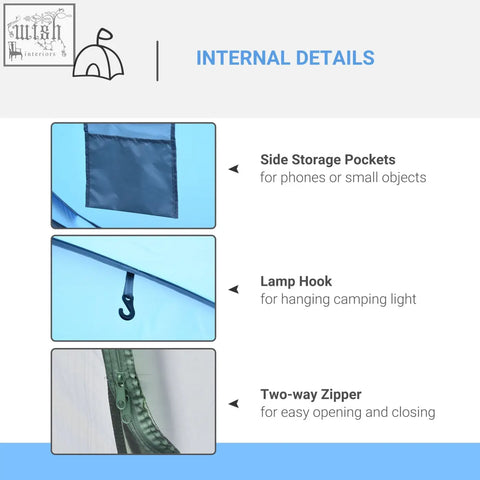 Sky blue outsunny camping tent with mesh windows, side storage pockets, lamp hook, two-way zipper for outdoor trips