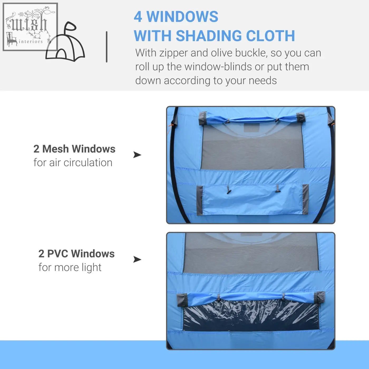 Sky blue outsunny camping tent with two mesh windows and two pvc windows featuring roll-up shading cloth