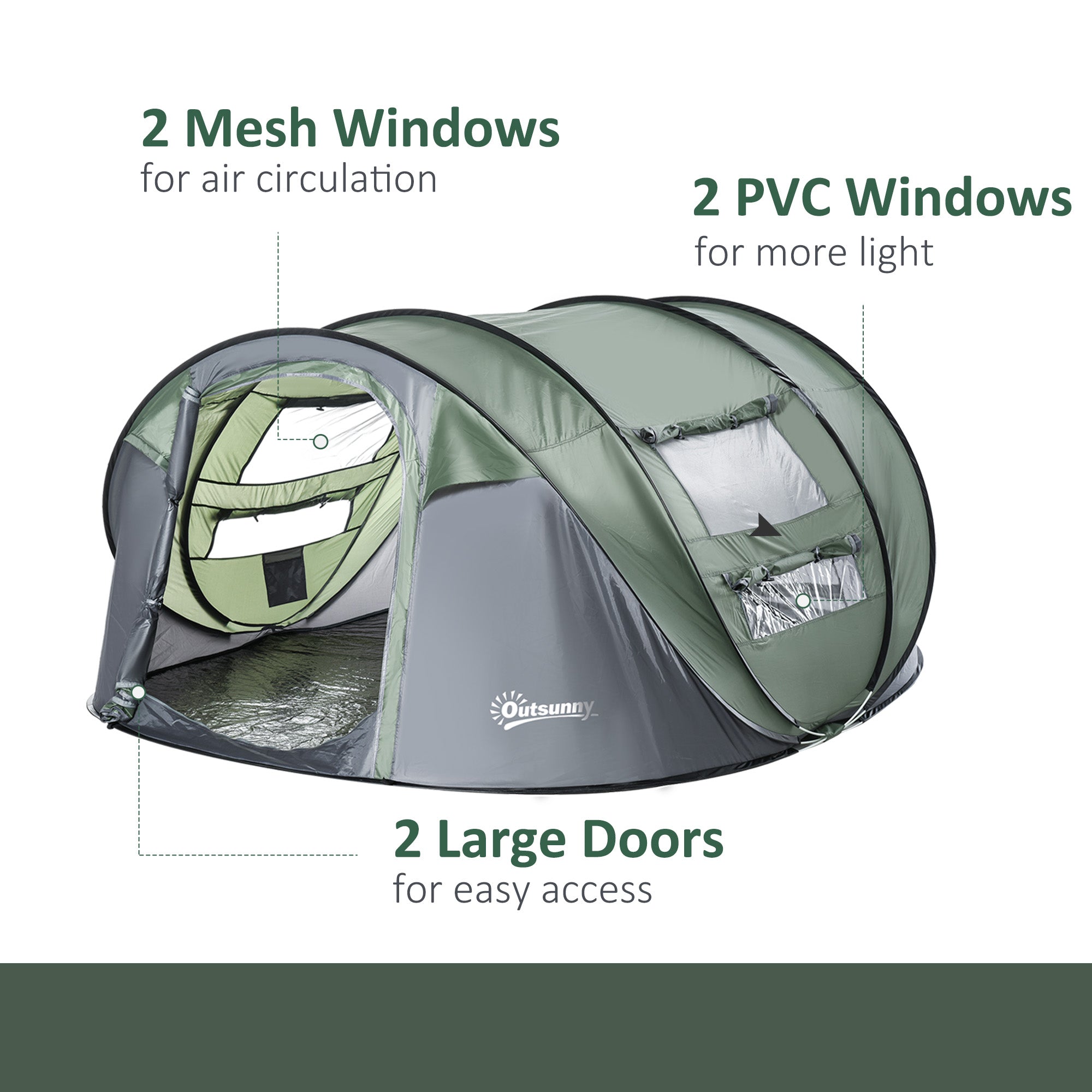 Outsunny dark green and gray 4-5 person pop-up tent with mesh windows pvc windows and easy access for camping trips