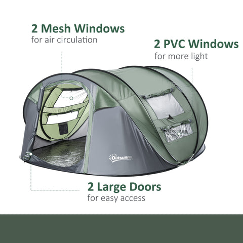 Outsunny dark green and gray 4-5 person pop-up tent with mesh windows pvc windows and easy access for camping trips