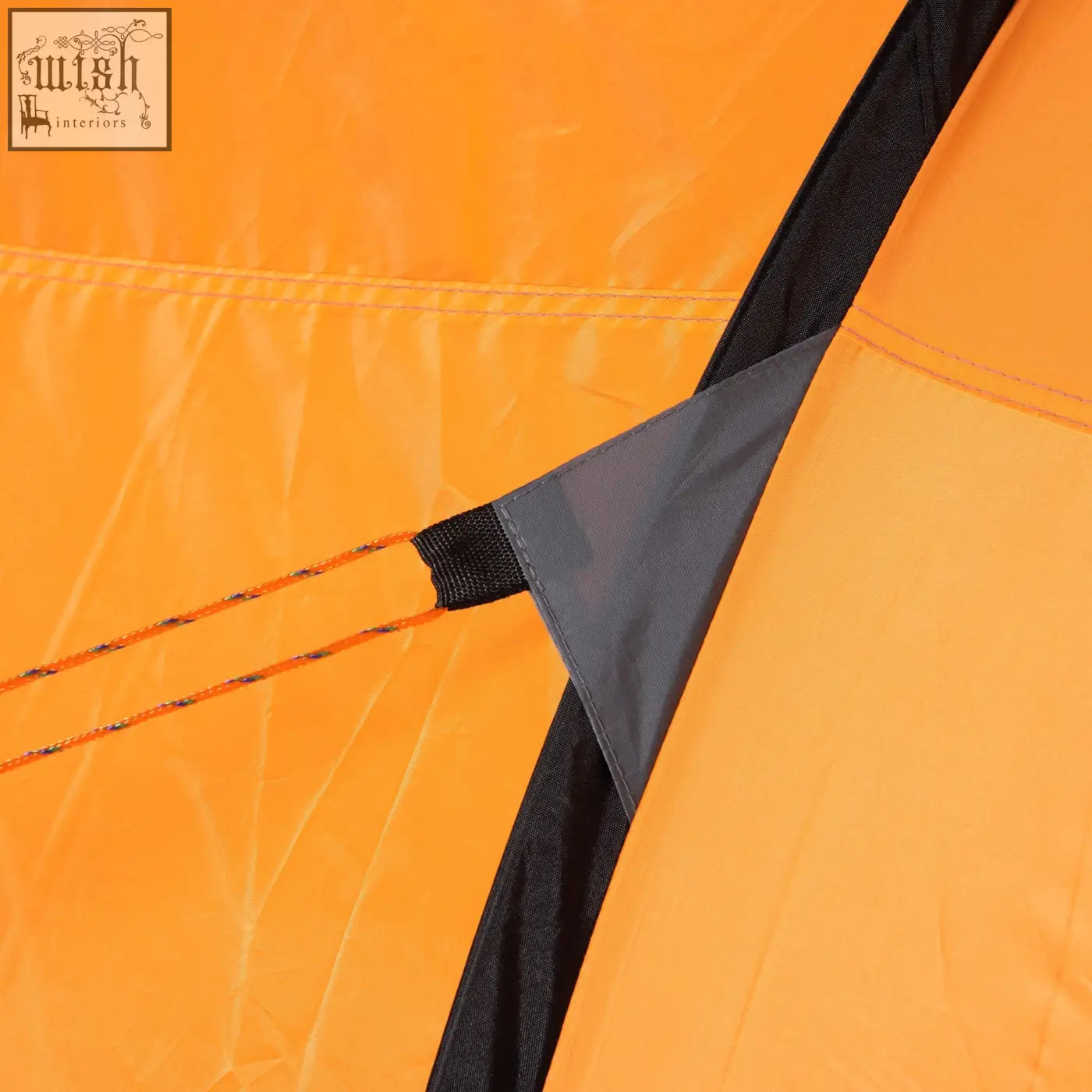 Bright orange Outsunny pop-up camping tent fabric with black seams, gray patch, designed for easy access and mesh windows