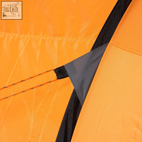 Bright orange Outsunny pop-up camping tent fabric with black seams, gray patch, designed for easy access and mesh windows