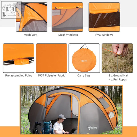 Orange and gray outsunny 4-5 person pop-up camping tent with easy access mesh windows and pvc windows made of 190t polyester