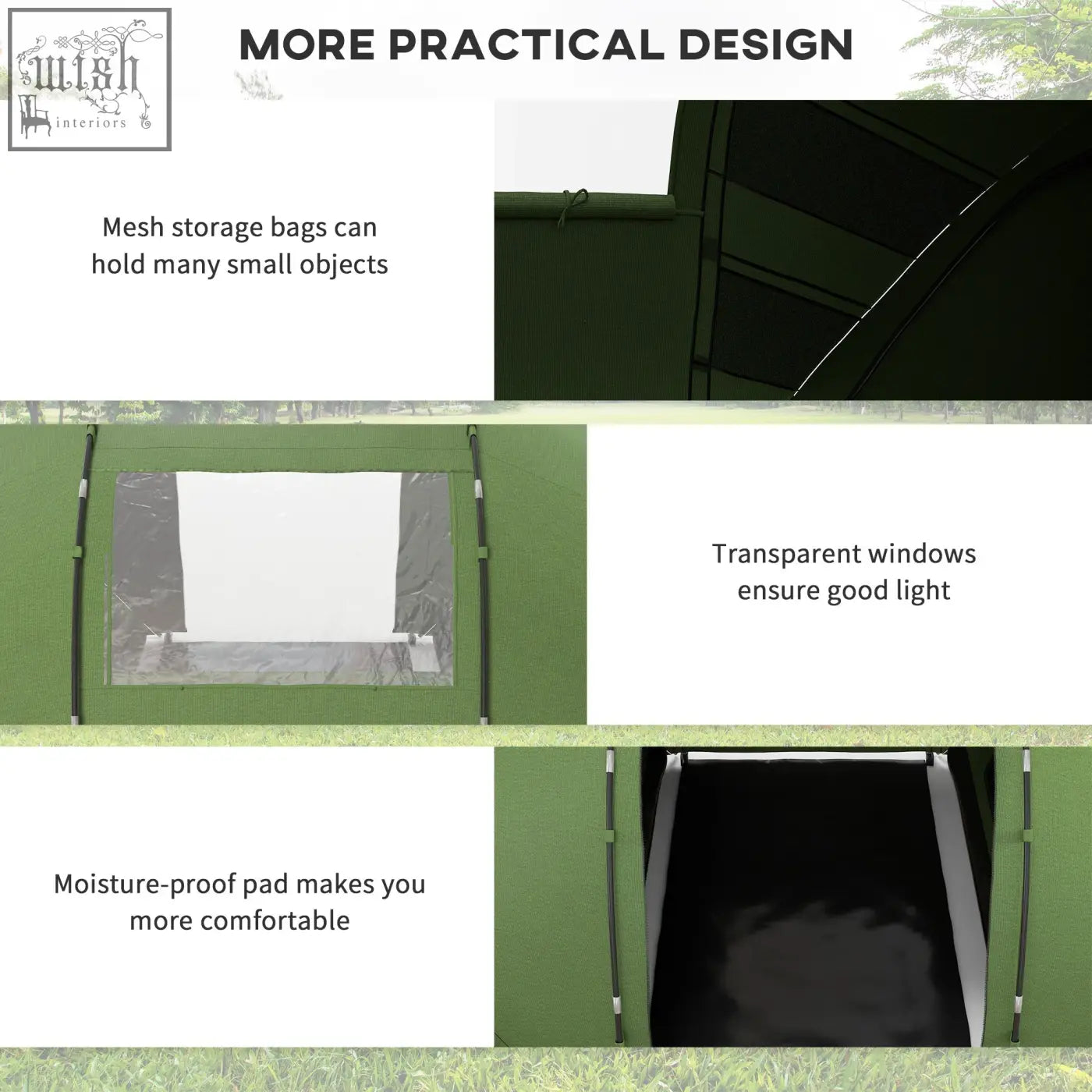 Green outsunny 4-6 man camping tent with polyester taffeta, mesh windows, two bedrooms, and moisture-proof pad