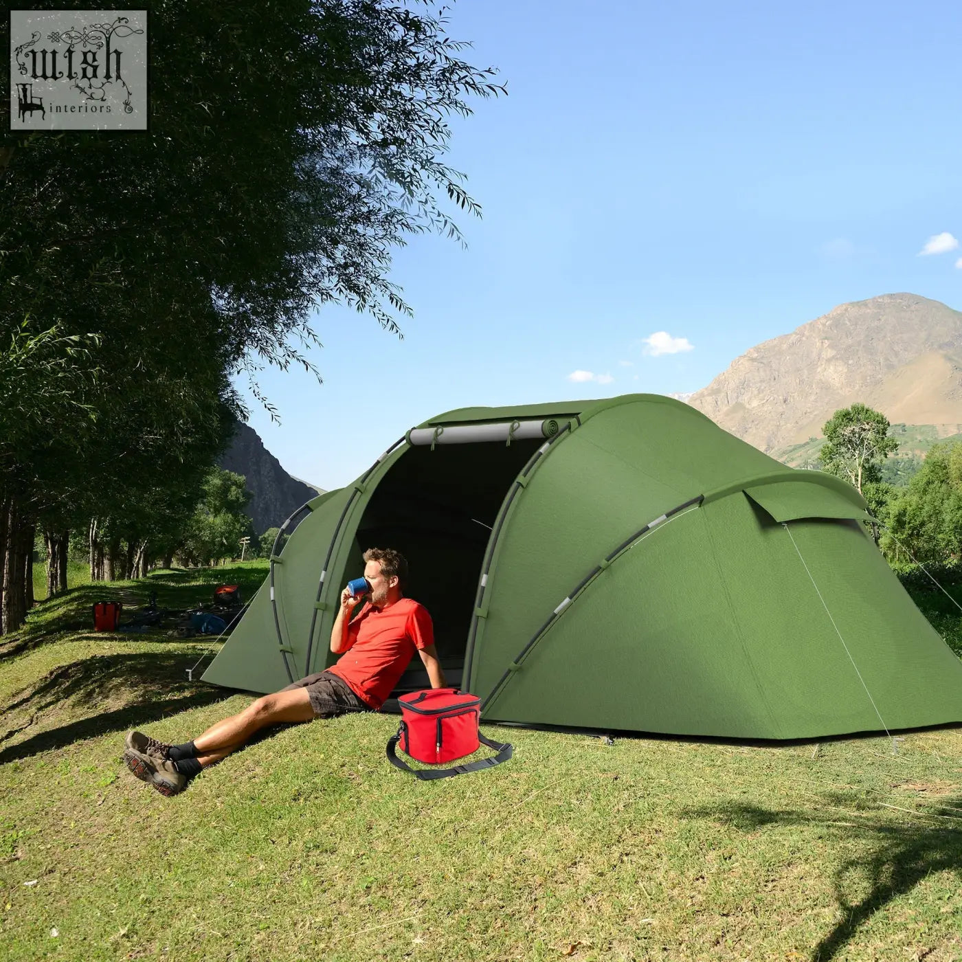 Olive green outsunny 4-6 man camping tent with curved roof, polyester taffeta, mesh windows, and uv protection outdoors