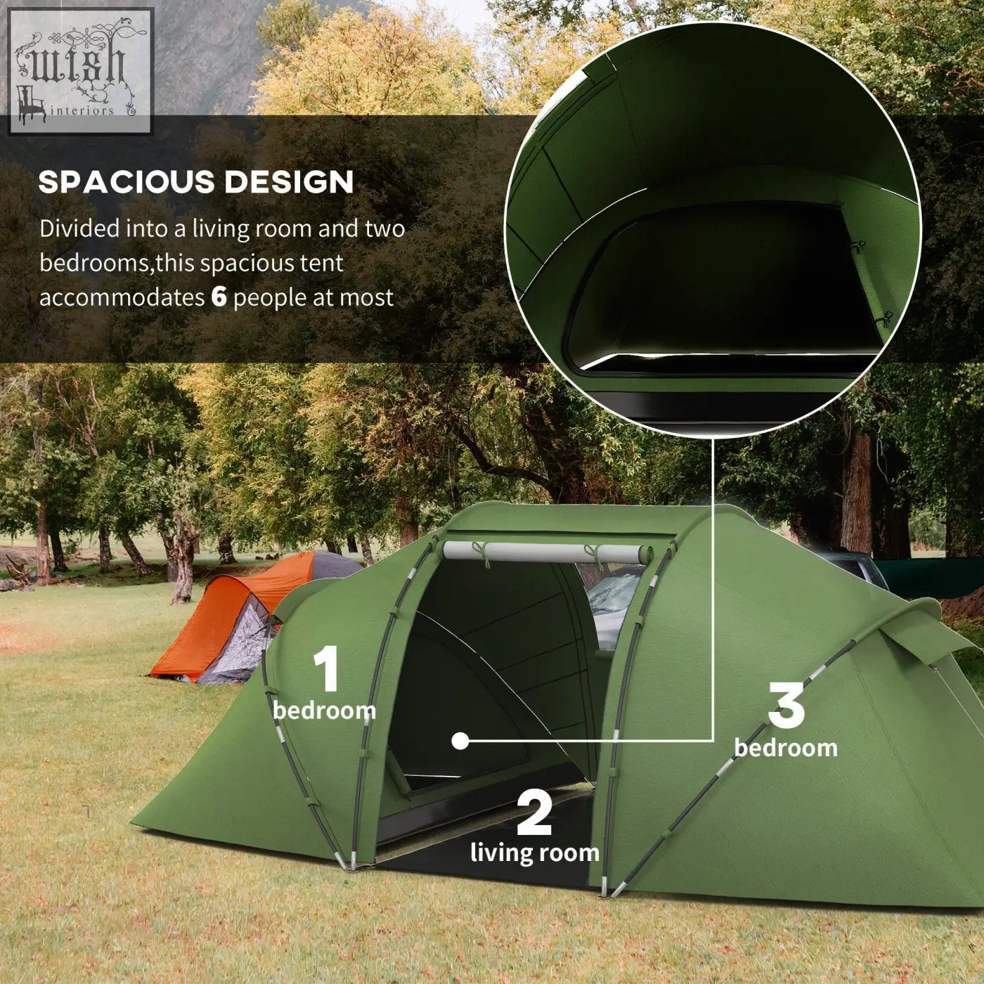 Green outsunny camping tent with two bedrooms and mesh windows made of durable polyester taffeta for up to six people