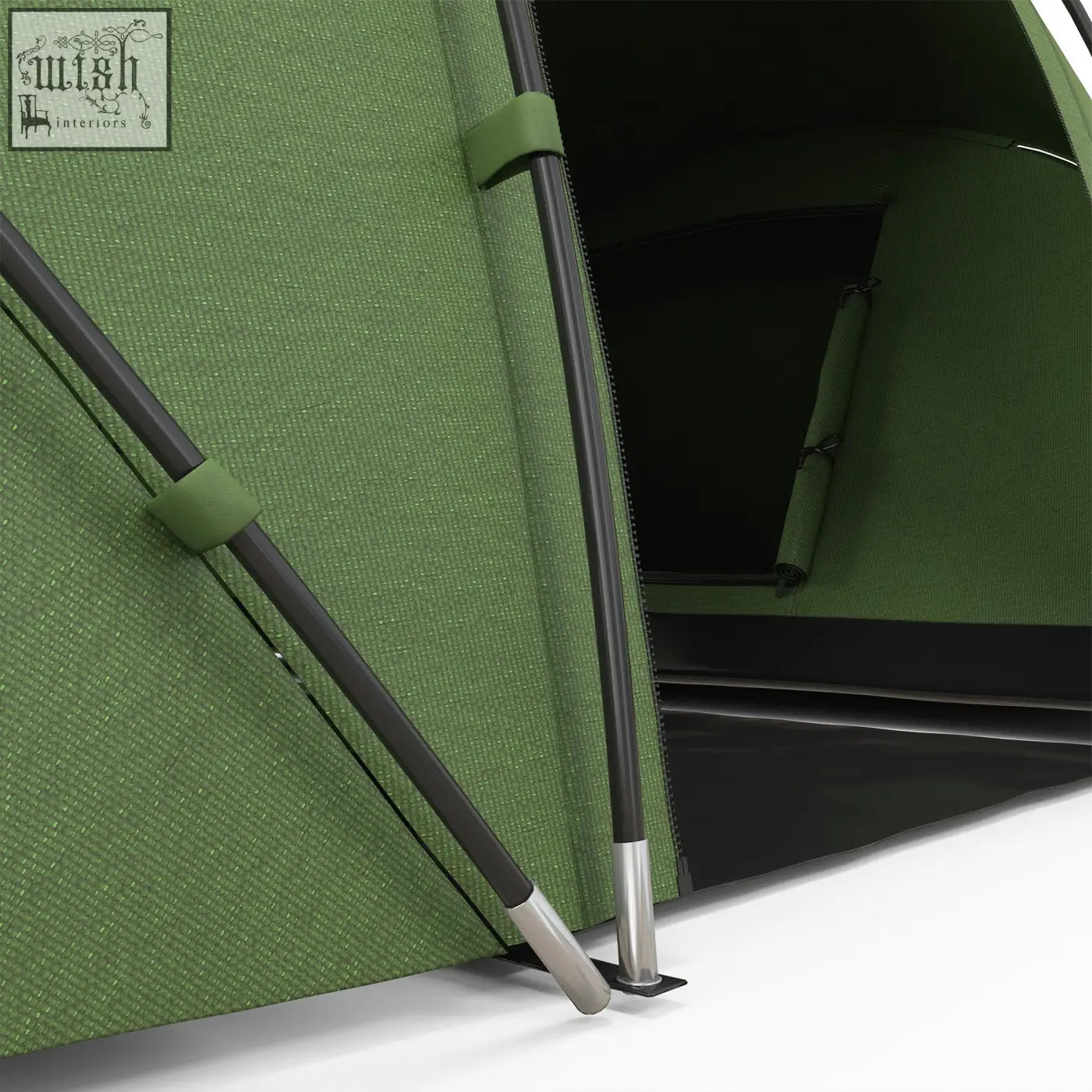 Green polyester taffeta camping tent with black and silver poles featuring mesh windows for hiking sun shelter