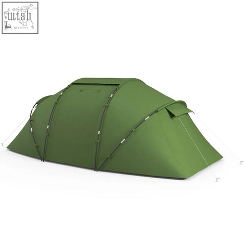 Olive green outsunny camping tent with polyester taffeta fabric, mesh windows, and reinforced black support poles for hiking and shelter