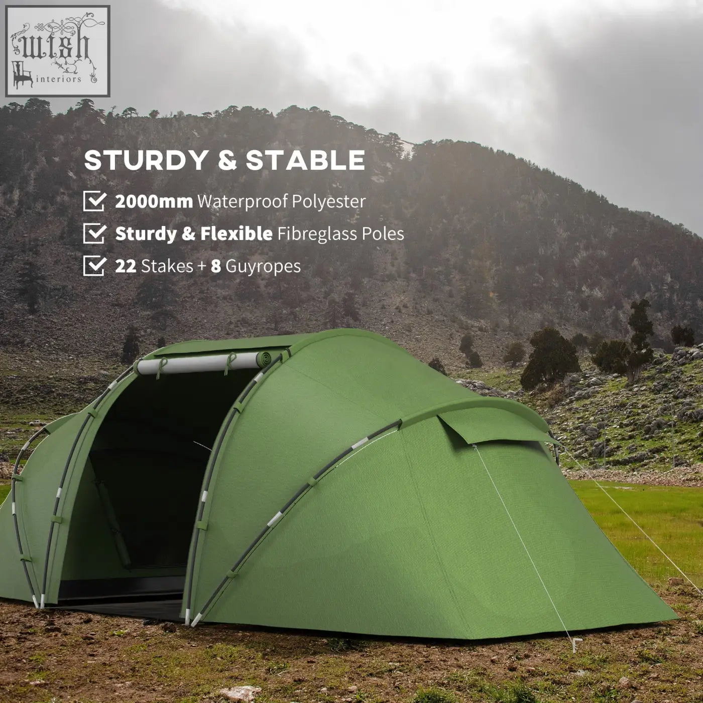 Outsunny 4-6 man dark green camping tent with polyester taffeta, mesh windows, and sturdy fiberglass poles for hiking