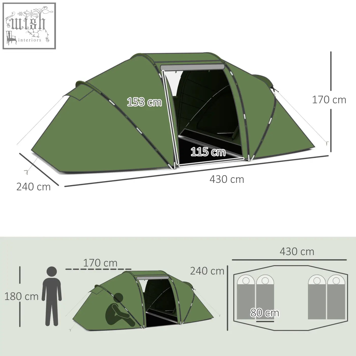 Olive green outsunny 4-6 man camping tent with two bedrooms made of polyester taffeta and mesh windows for hiking use