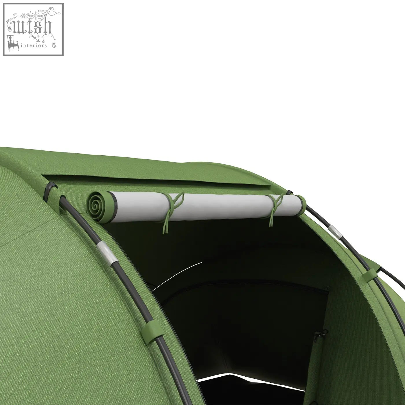Green outsunny camping tent with polyester taffeta, mesh windows, and rolled-up sleeping mat at entrance