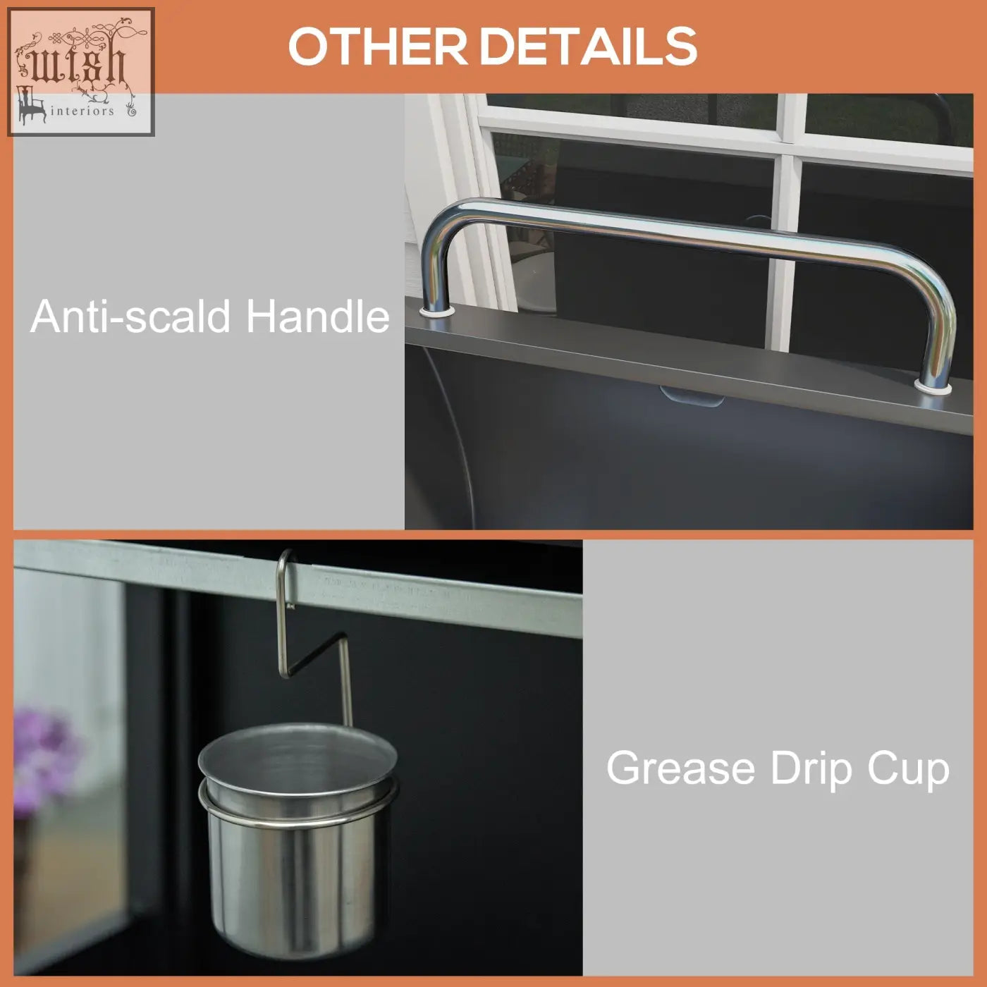 Stainless steel anti-scald handle with curved design and grease drip cup on outsunny gas bbq with warming rack and piezo ignition