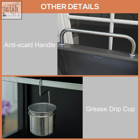 Stainless steel anti-scald handle with curved design and grease drip cup on outsunny gas bbq with warming rack and piezo ignition