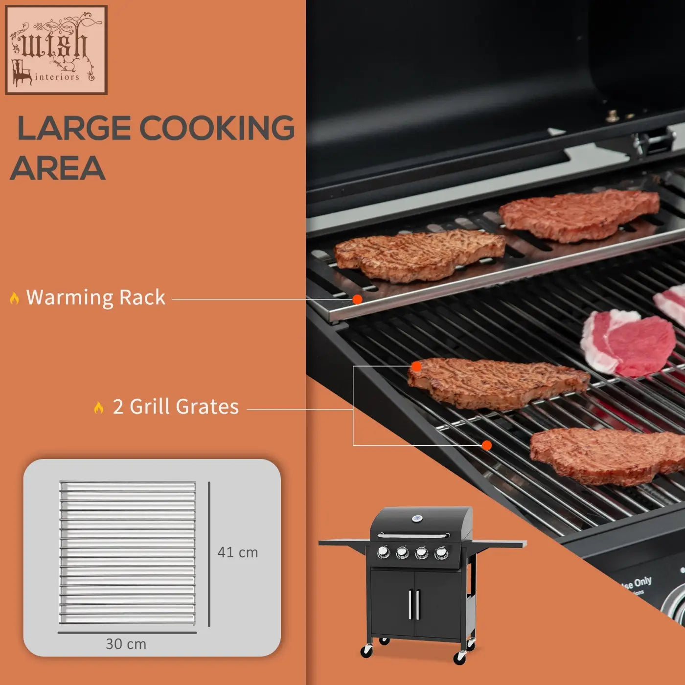 Black gas bbq grill with two grilling surfaces piezo ignition warming rack side shelves and storage cabinet