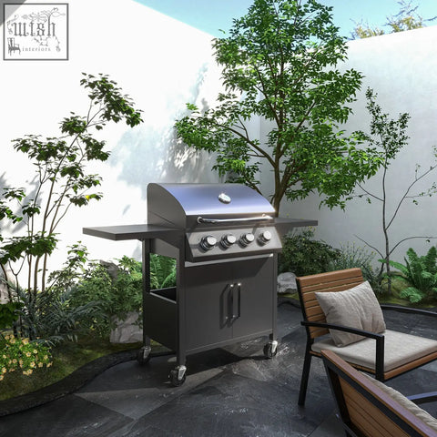 Stainless steel outsunny 4 burner gas bbq grill with piezo ignition warming rack and storage cabinet