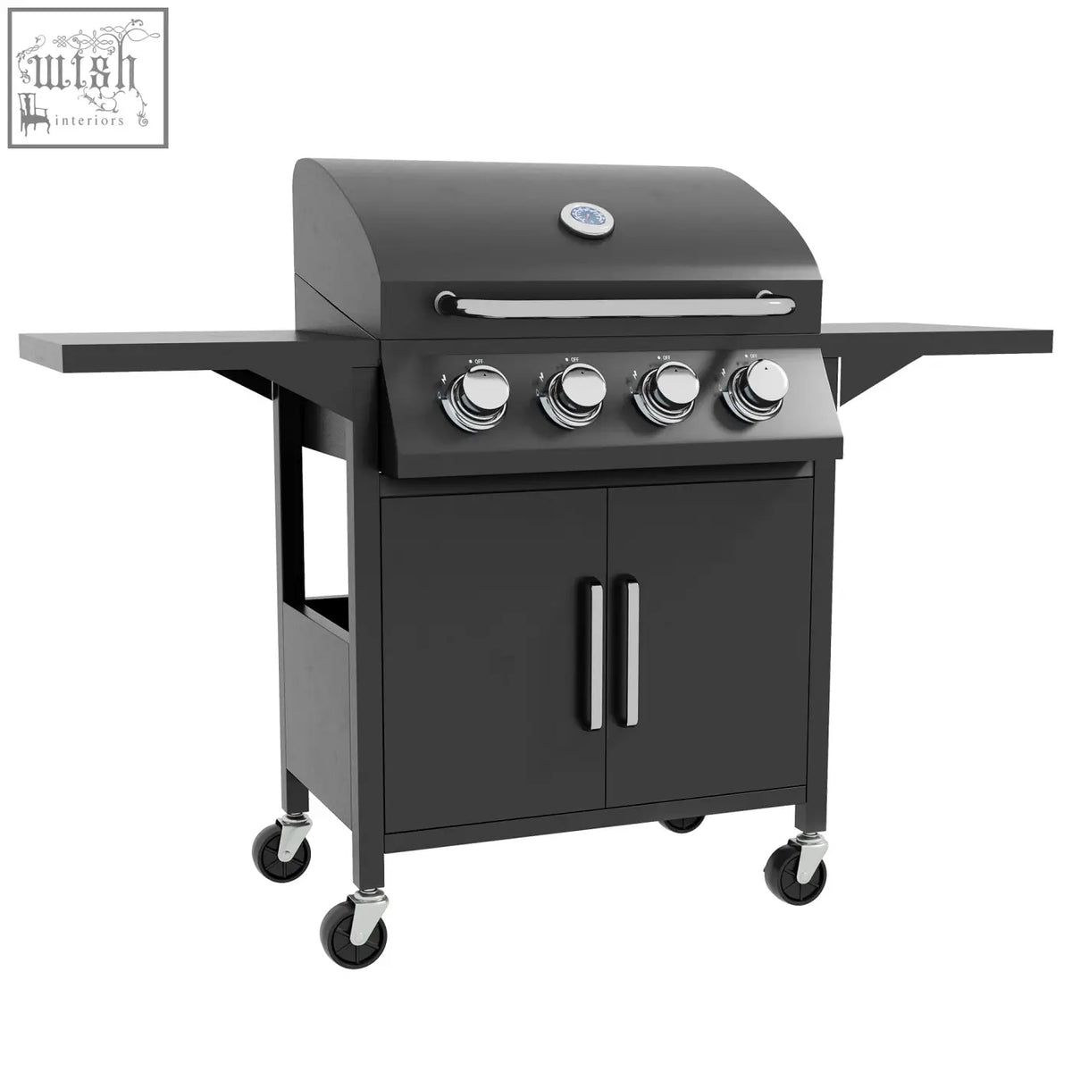 Black outsunny 4 burner gas bbq grill with warming rack piezo ignition side shelves and storage cabinet for outdoor use