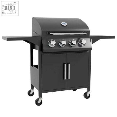 Black outsunny 4 burner gas bbq grill with warming rack piezo ignition side shelves and storage cabinet for outdoor use