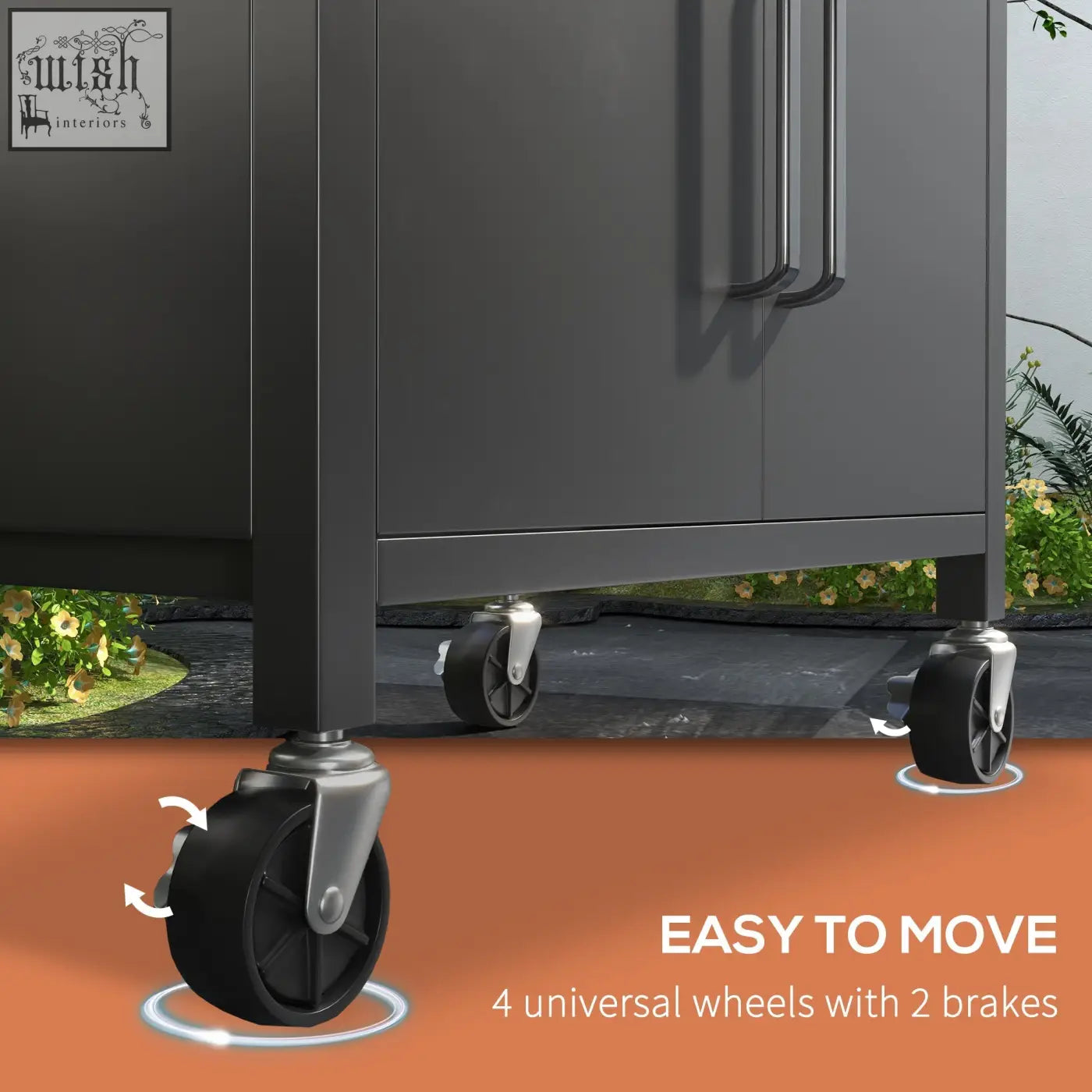 Black universal wheels with silver brake mechanisms on outsunny gas bbq trolley with warming rack and piezo ignition