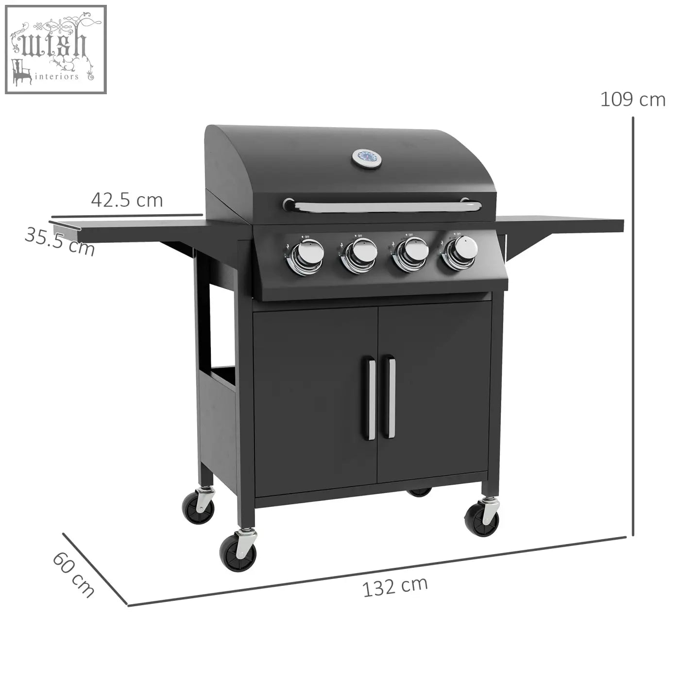 Outsunny black gas bbq grill with four silver knobs piezo ignition warming rack side shelves and storage cabinet on wheels